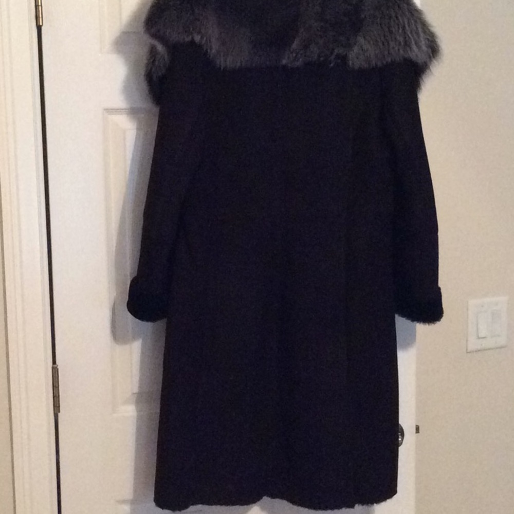 Shearling coat Lamb Fur Badgley Mischka couture black Leather suede Gray Collar - Picture 10 of 13